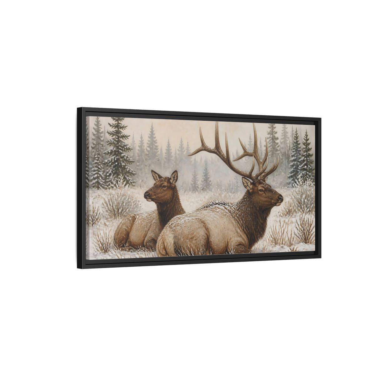 Side Mockup 2. Animals Elk Brown And White Elk shown as stretched canvas wall art