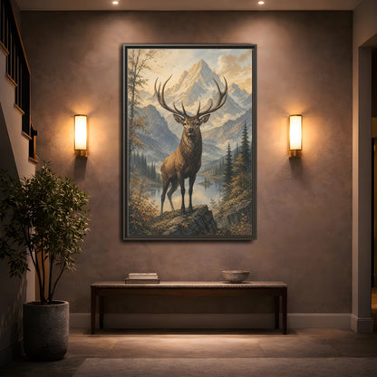 Animals Elk Mountains Landscape Framed Canvas Wall Art - Realistic Living Room shown as canvas wall art