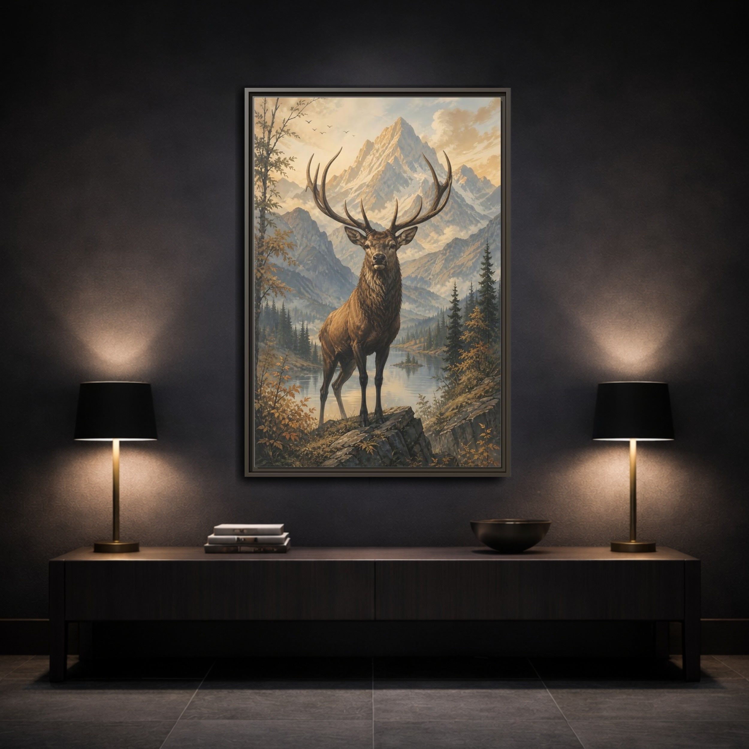 Mockup 3. Animals Elk Elk Mountains Landscape shown as stretched canvas wall art
