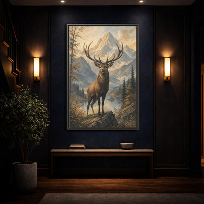 Animals Elk Mountains Landscape Framed Canvas Wall Art - Realistic Living Room shown as canvas wall art