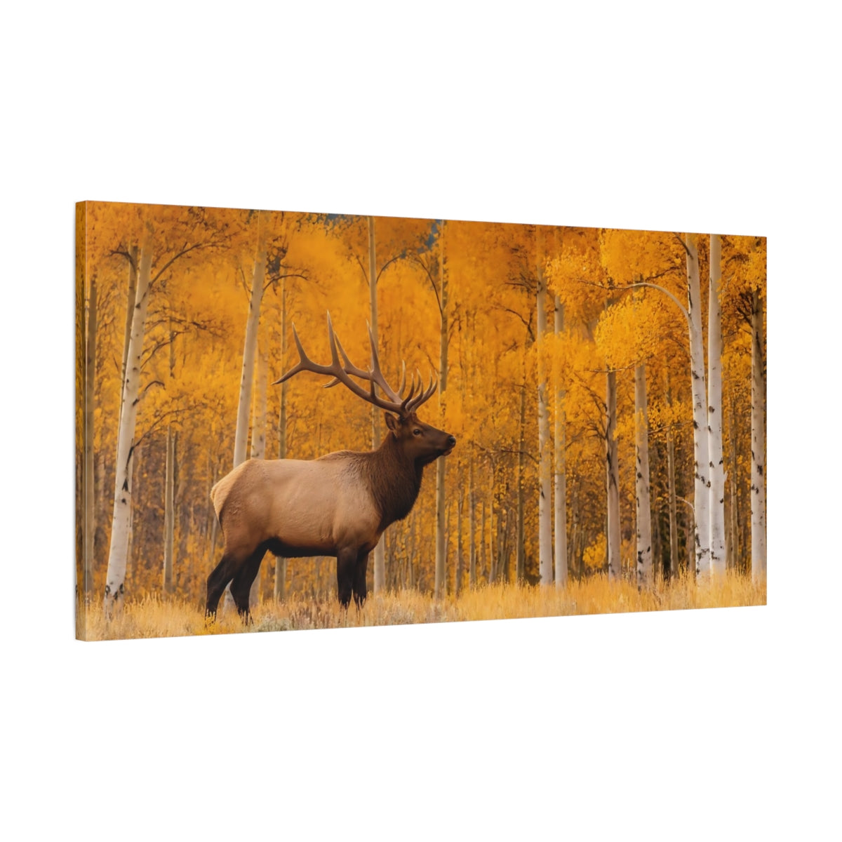 Main Mockup. Animals Elk Golden Autumn shown as stretched canvas wall art