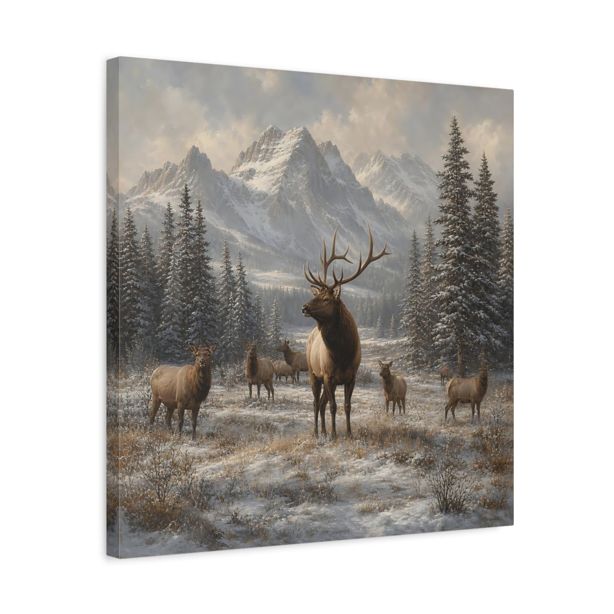 Side Mockup 5. Animals Elk Herd Winter Elk shown as stretched canvas wall art