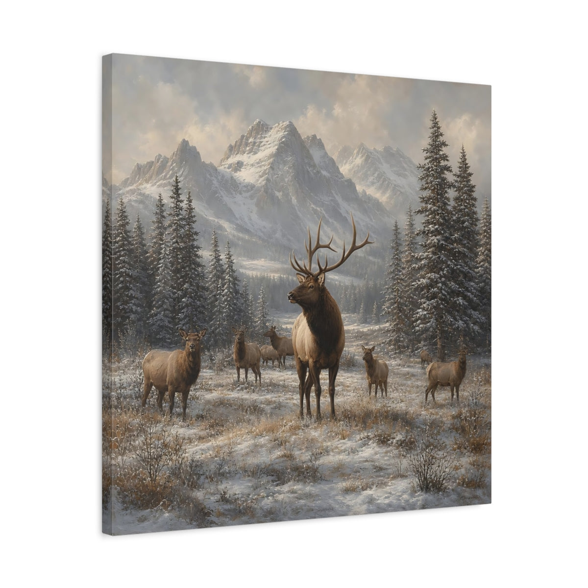 Side Mockup 4. Animals Elk Herd Winter Elk shown as stretched canvas wall art