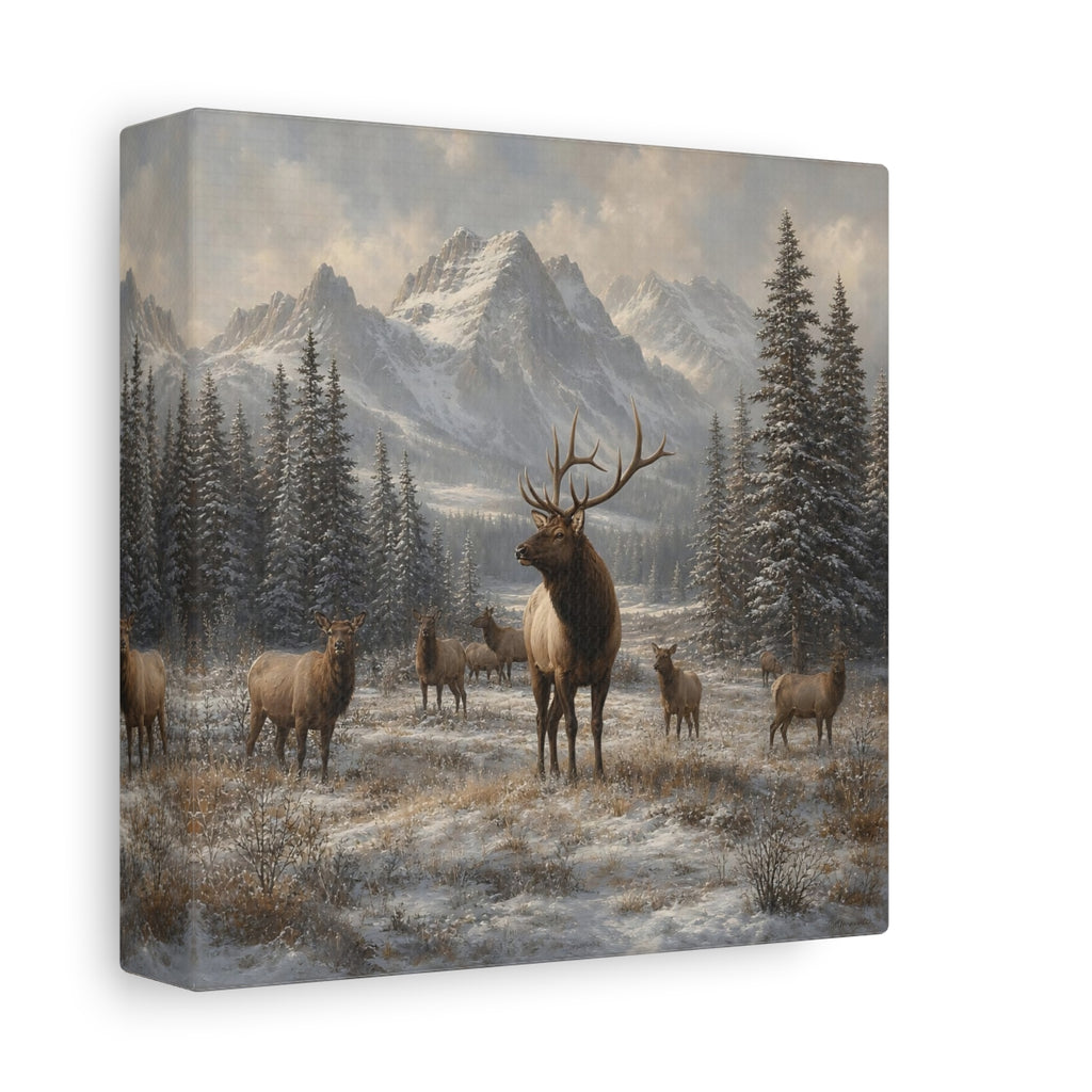 Side Mockup 2. Animals Elk Herd Winter Elk shown as stretched canvas wall art