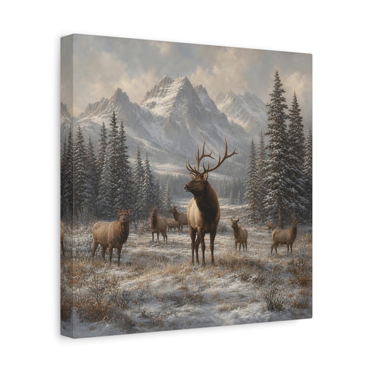 Side Mockup 8. Animals Elk Herd Winter Elk shown as stretched canvas wall art