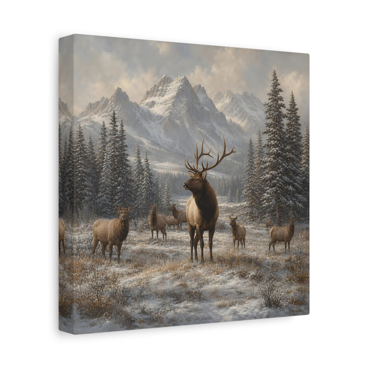 Side Mockup 9. Animals Elk Herd Winter Elk shown as stretched canvas wall art