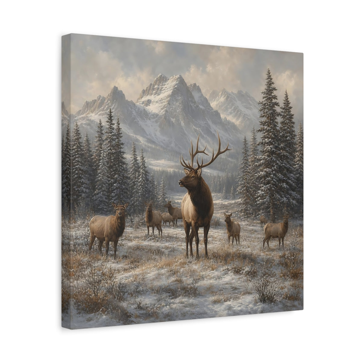 Side Mockup 6. Animals Elk Herd Winter Elk shown as stretched canvas wall art