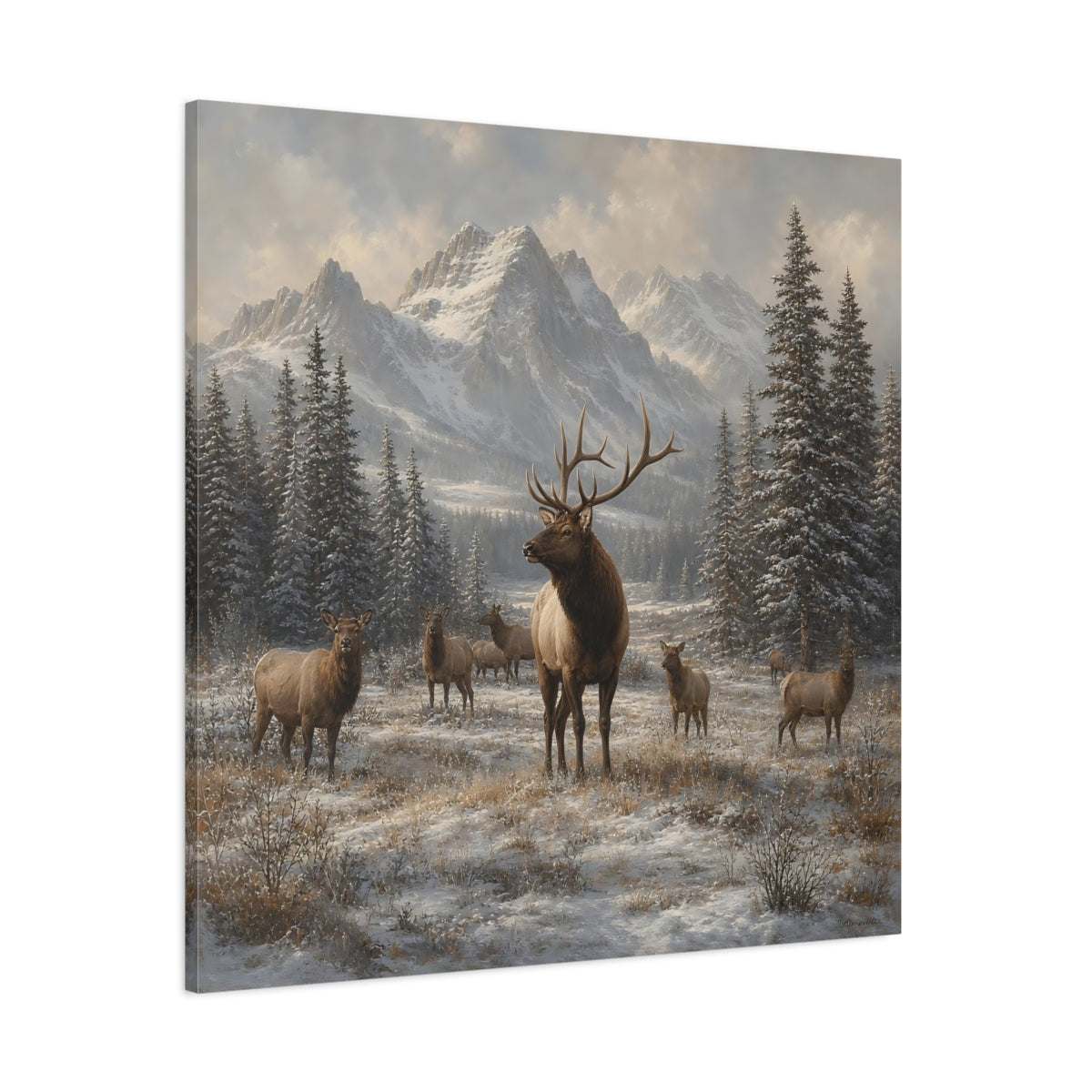 Side Mockup 1. Animals Elk Herd Winter Elk shown as stretched canvas wall art