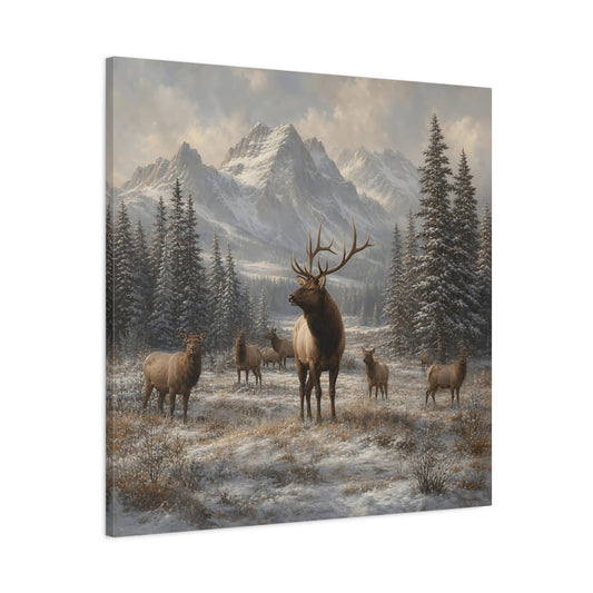 Main Mockup. Animals Elk Herd Winter Elk shown as stretched canvas wall art
