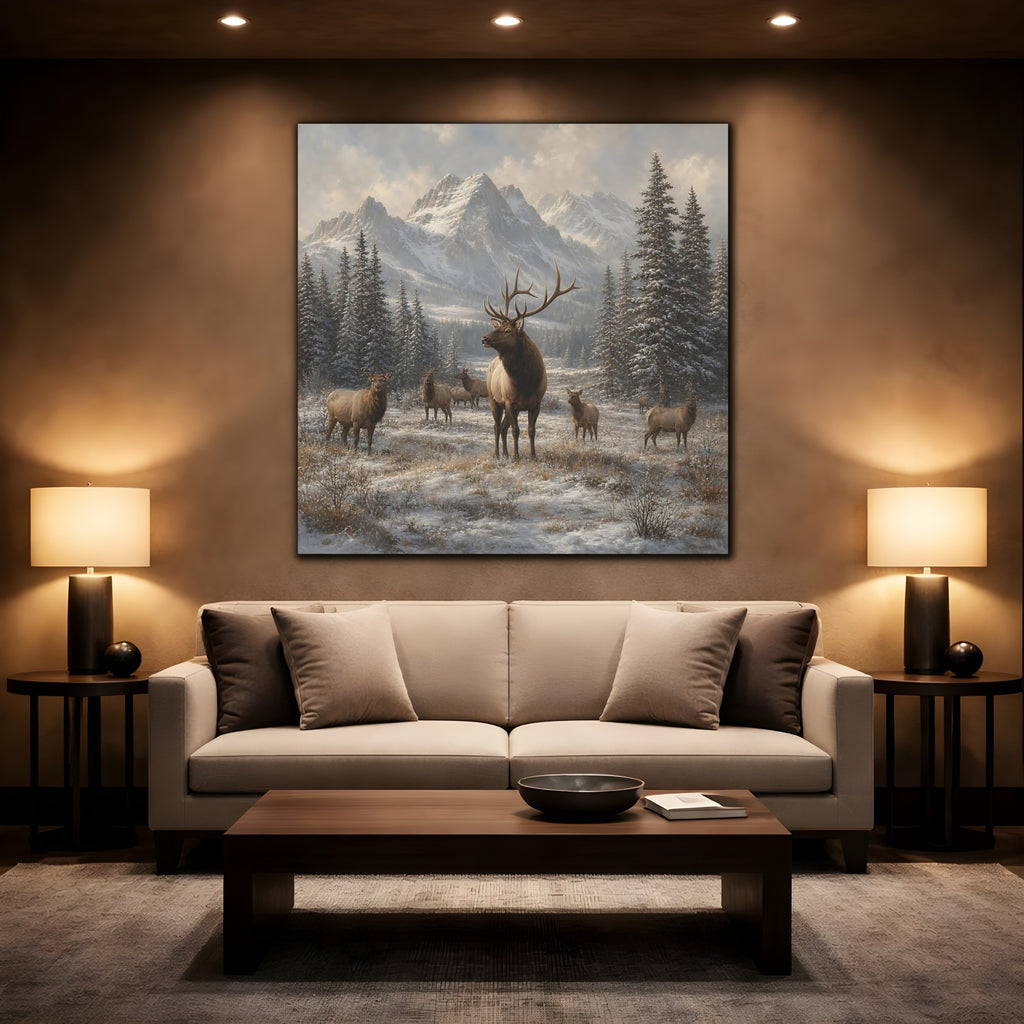 Mockup 2. Animals Elk Herd Winter Elk shown as stretched canvas wall art