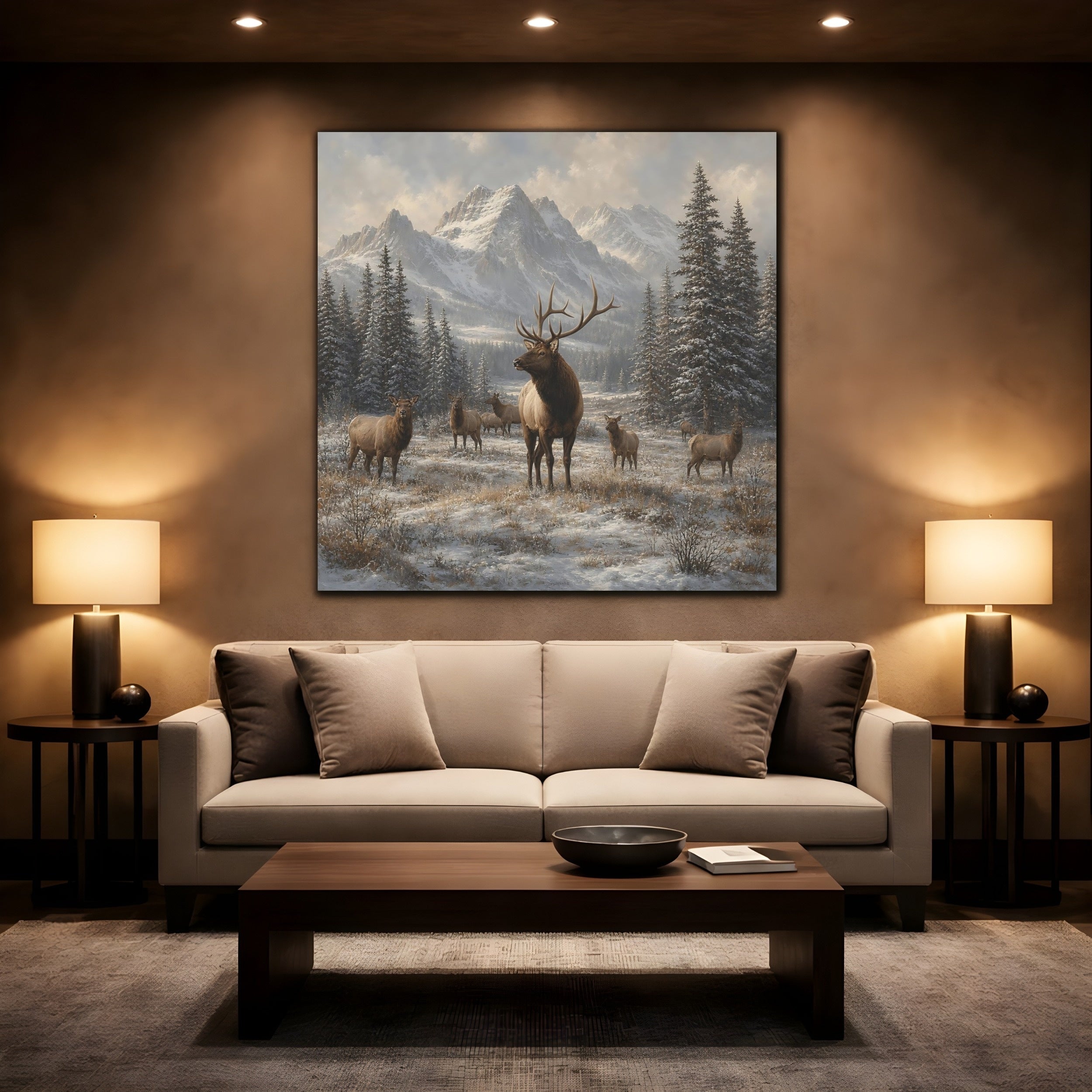 Mockup 2. Animals Elk Herd Winter Elk shown as stretched canvas wall art