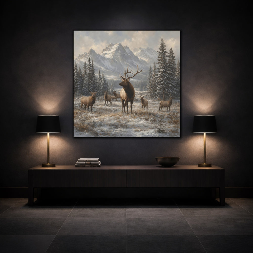 Mockup 3. Animals Elk Herd Winter Elk shown as stretched canvas wall art