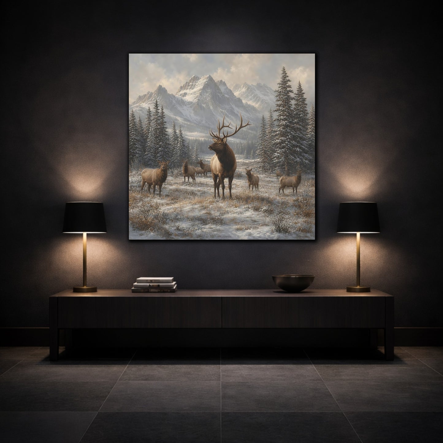 Mockup 3. Animals Elk Herd Winter Elk shown as stretched canvas wall art