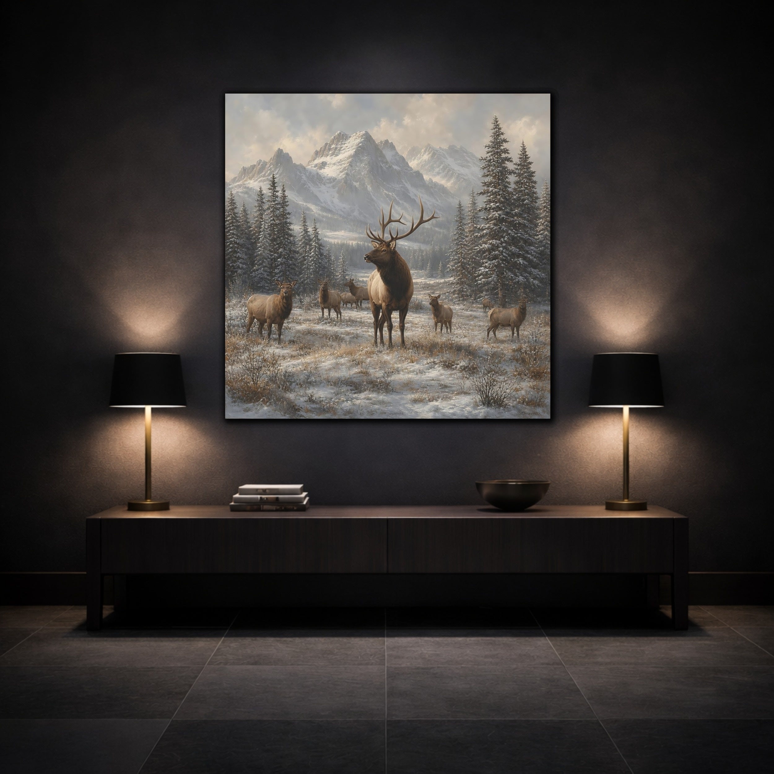 Mockup 3. Animals Elk Herd Winter Elk shown as stretched canvas wall art