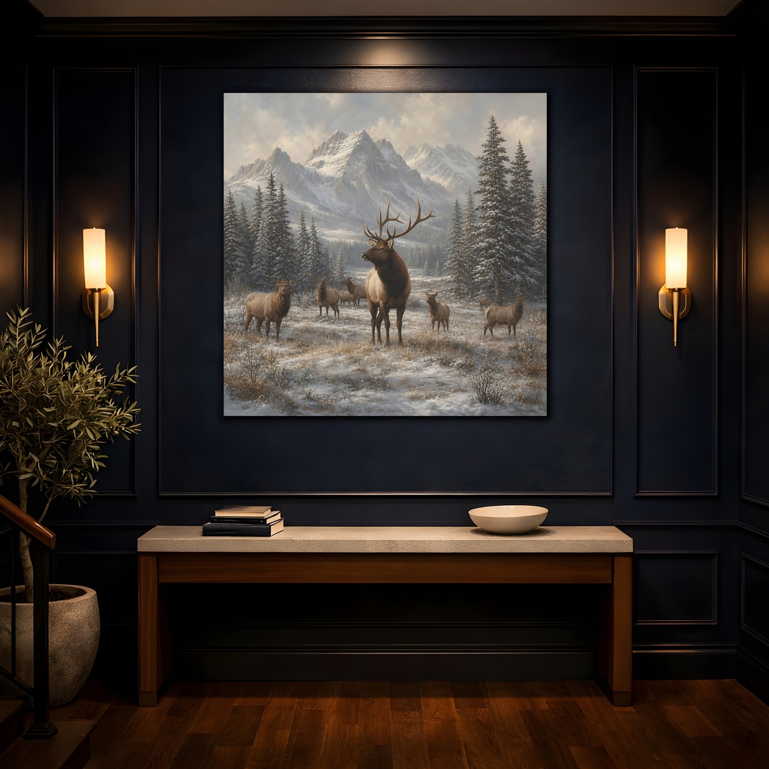 Mockup 4. Animals Elk Herd Winter Elk shown as stretched canvas wall art