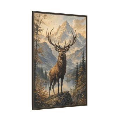 Animals Elk Mountains Landscape Framed Canvas Wall Art - Realistic Living Room shown as canvas wall art