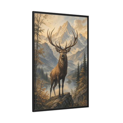 Animals Elk Mountains Landscape Framed Canvas Wall Art - Realistic Living Room shown as canvas wall art