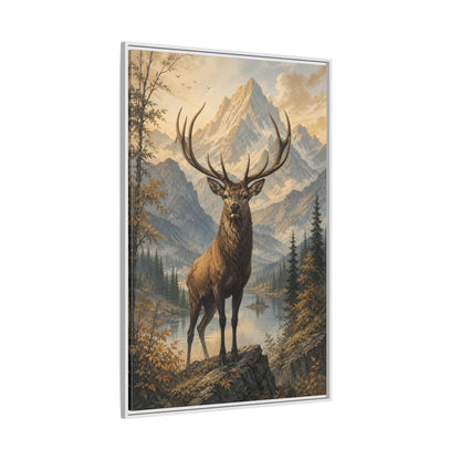 Animals Elk Mountains Landscape Framed Canvas Wall Art - Realistic Living Room shown as canvas wall art