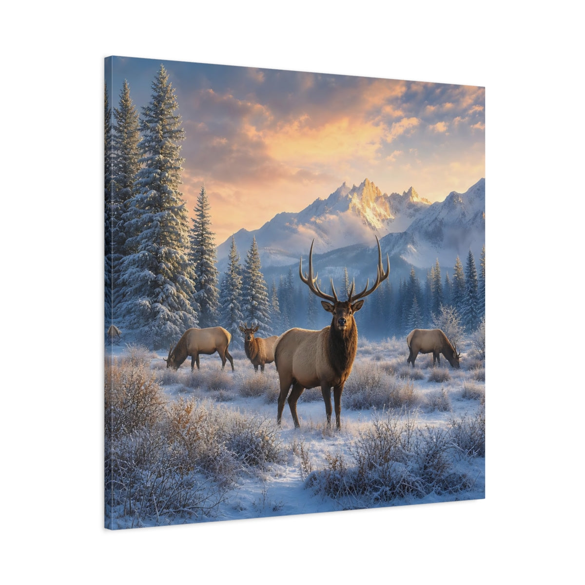 Main Mockup. Animals Elk Winter Wildlife shown as stretched canvas wall art