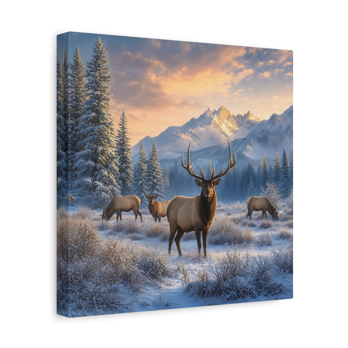 Side Mockup 8. Animals Elk Winter Wildlife shown as stretched canvas wall art