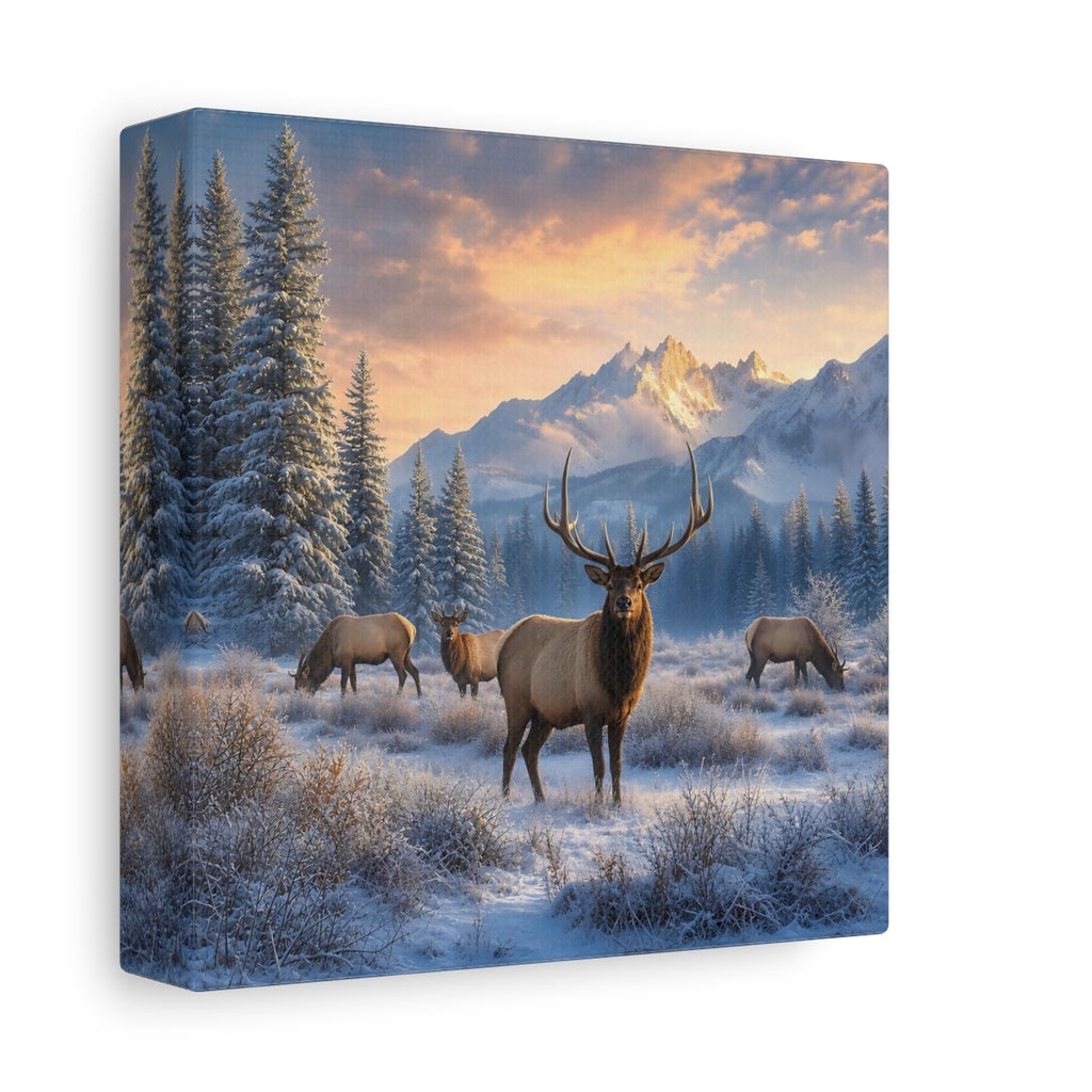 Side Mockup 2. Animals Elk Winter Wildlife shown as stretched canvas wall art