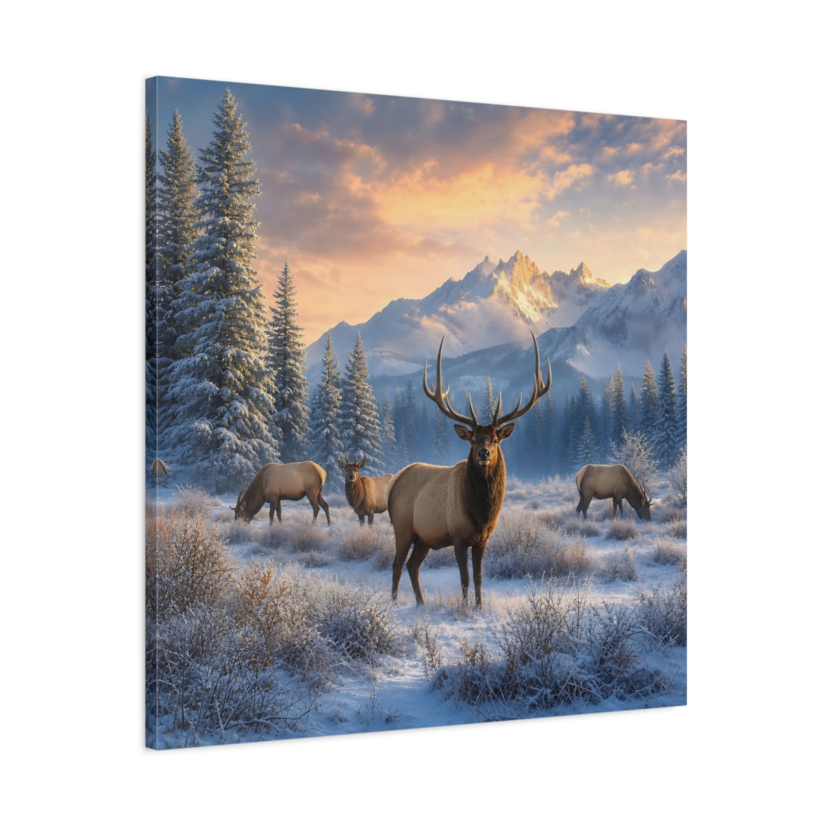 Side Mockup 3. Animals Elk Winter Wildlife shown as stretched canvas wall art