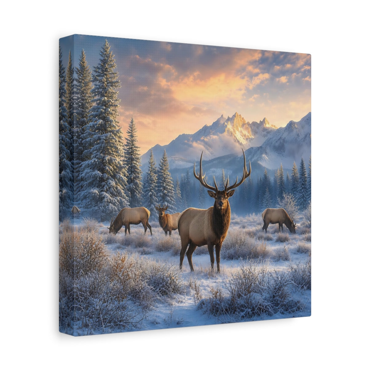 Side Mockup 9. Animals Elk Winter Wildlife shown as stretched canvas wall art