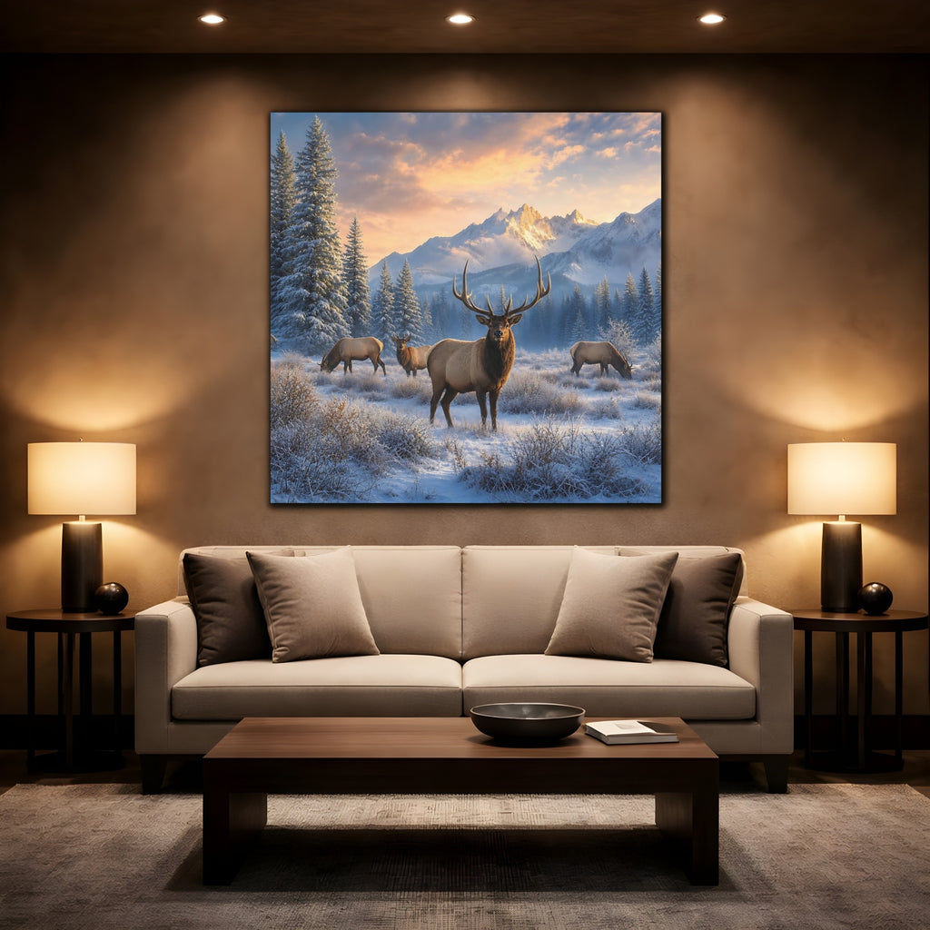 Mockup 2. Animals Elk Winter Wildlife shown as stretched canvas wall art