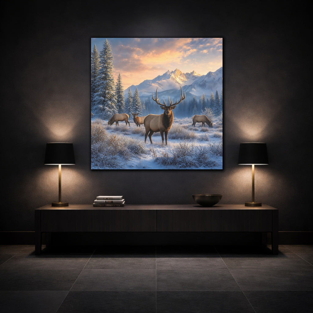 Mockup 3. Animals Elk Winter Wildlife shown as stretched canvas wall art