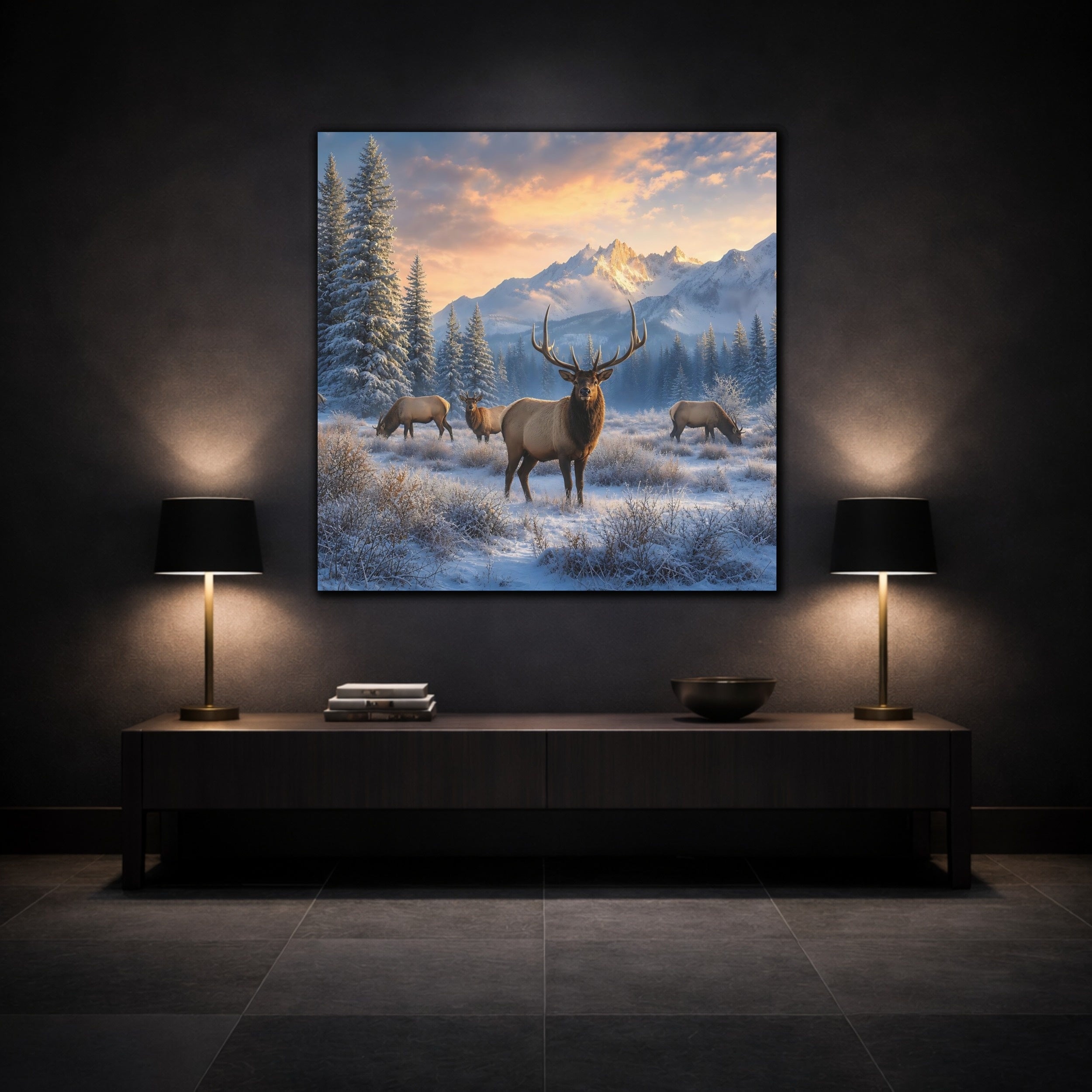 Mockup 3. Animals Elk Winter Wildlife shown as stretched canvas wall art