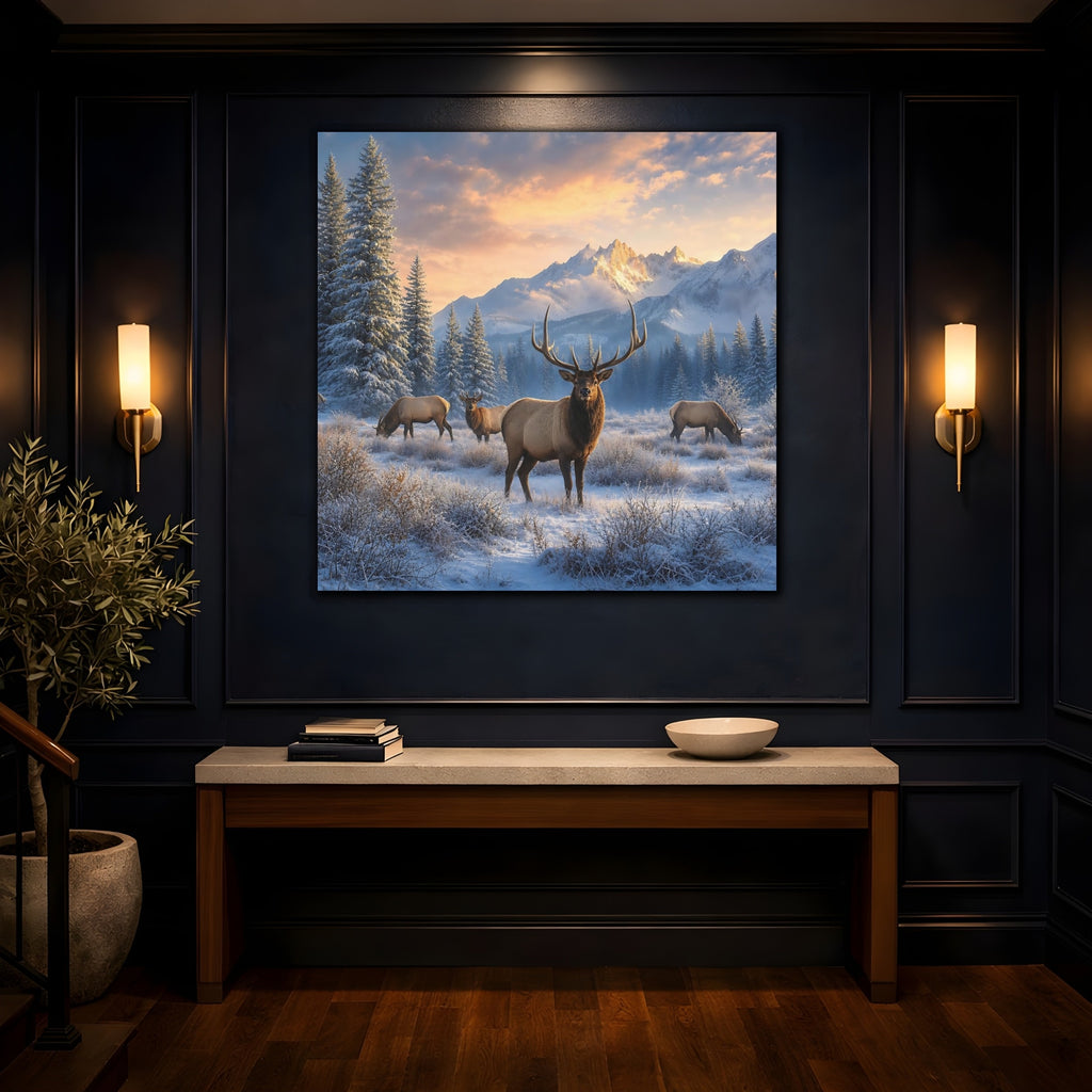 Mockup 4. Animals Elk Winter Wildlife shown as stretched canvas wall art