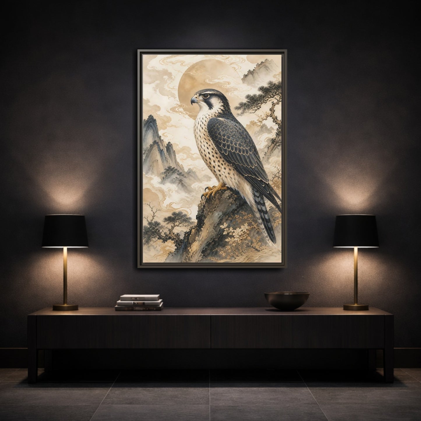 Animals Falcon Majestic Framed Canvas Wall Art - Asian Living Room, Above Sofa shown as canvas wall art