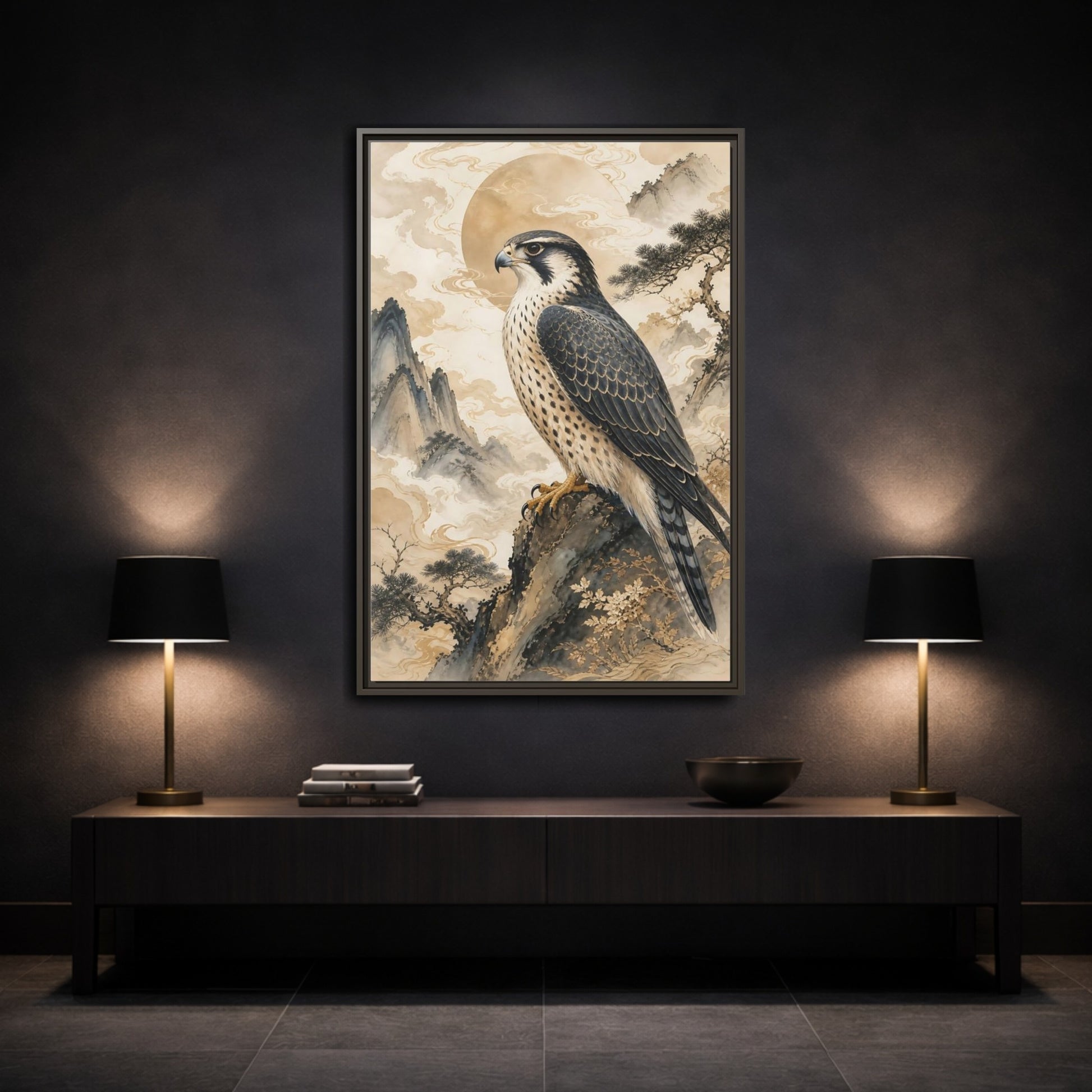 Animals Falcon Majestic Framed Canvas Wall Art - Asian Living Room, Above Sofa shown as canvas wall art