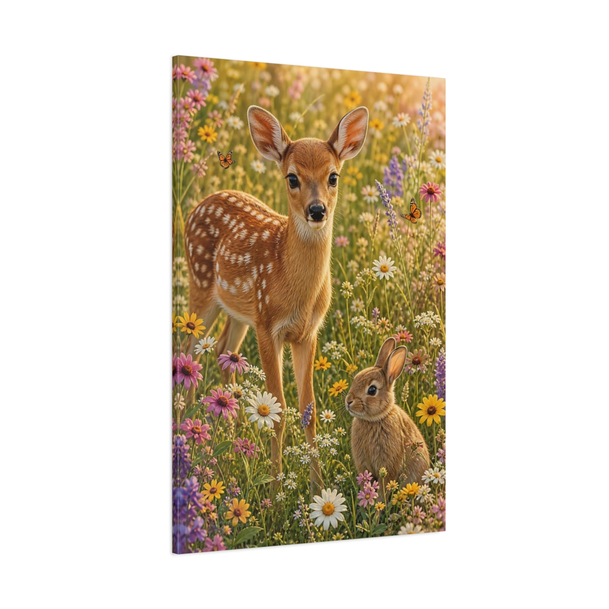 Side Mockup 1. Animals Fawn, Bunny Fawn Bunny Flowers shown as stretched canvas wall art