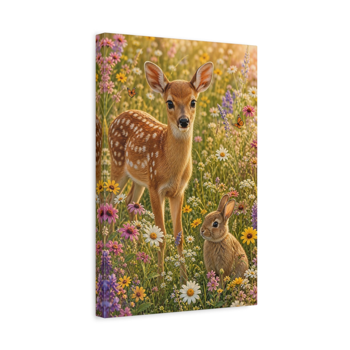Side Mockup 4. Animals Fawn, Bunny Fawn Bunny Flowers shown as stretched canvas wall art