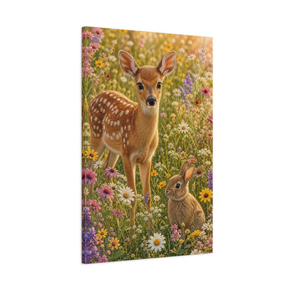 Main Mockup. Animals Fawn, Bunny Fawn Bunny Flowers shown as stretched canvas wall art