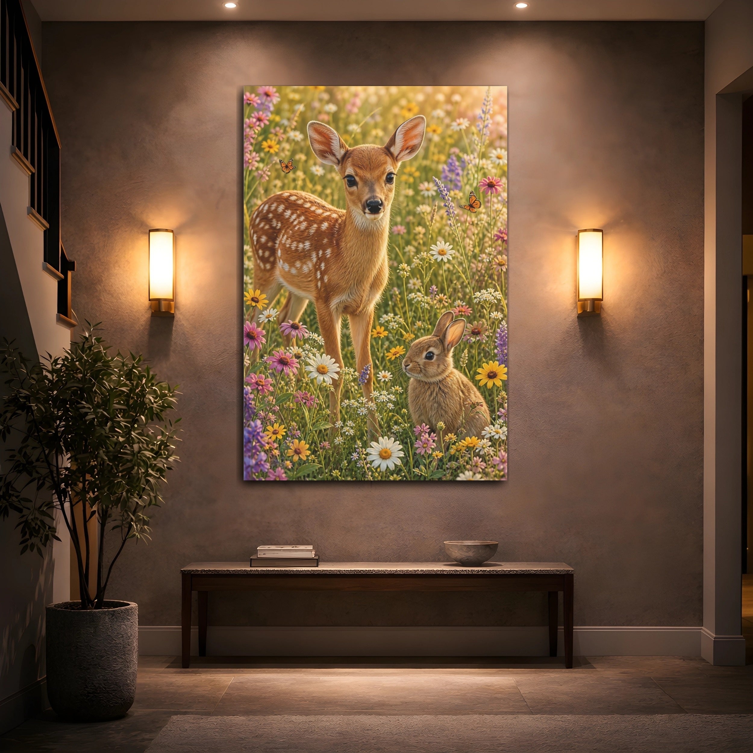 Mockup 2. Animals Fawn, Bunny Fawn Bunny Flowers shown as stretched canvas wall art