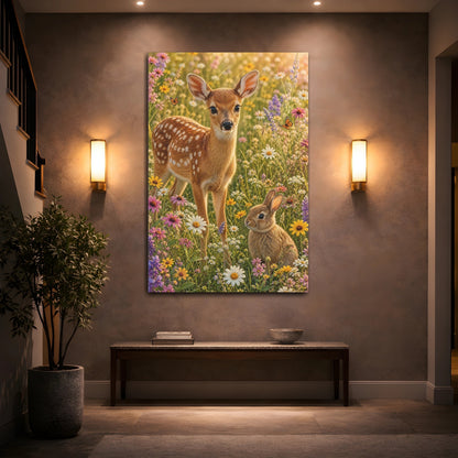 Mockup 2. Animals Fawn, Bunny Fawn Bunny Flowers shown as stretched canvas wall art