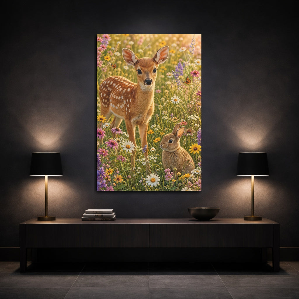 Mockup 3. Animals Fawn, Bunny Fawn Bunny Flowers shown as stretched canvas wall art