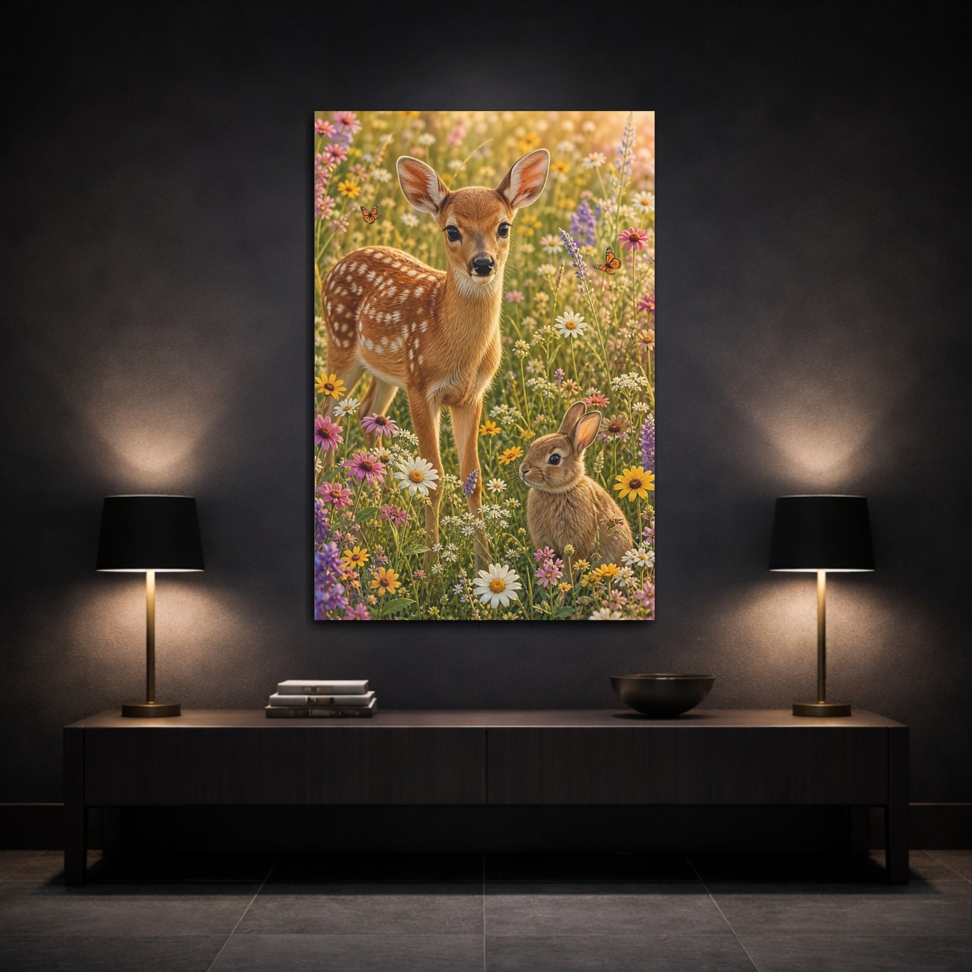 Mockup 3. Animals Fawn, Bunny Fawn Bunny Flowers shown as stretched canvas wall art