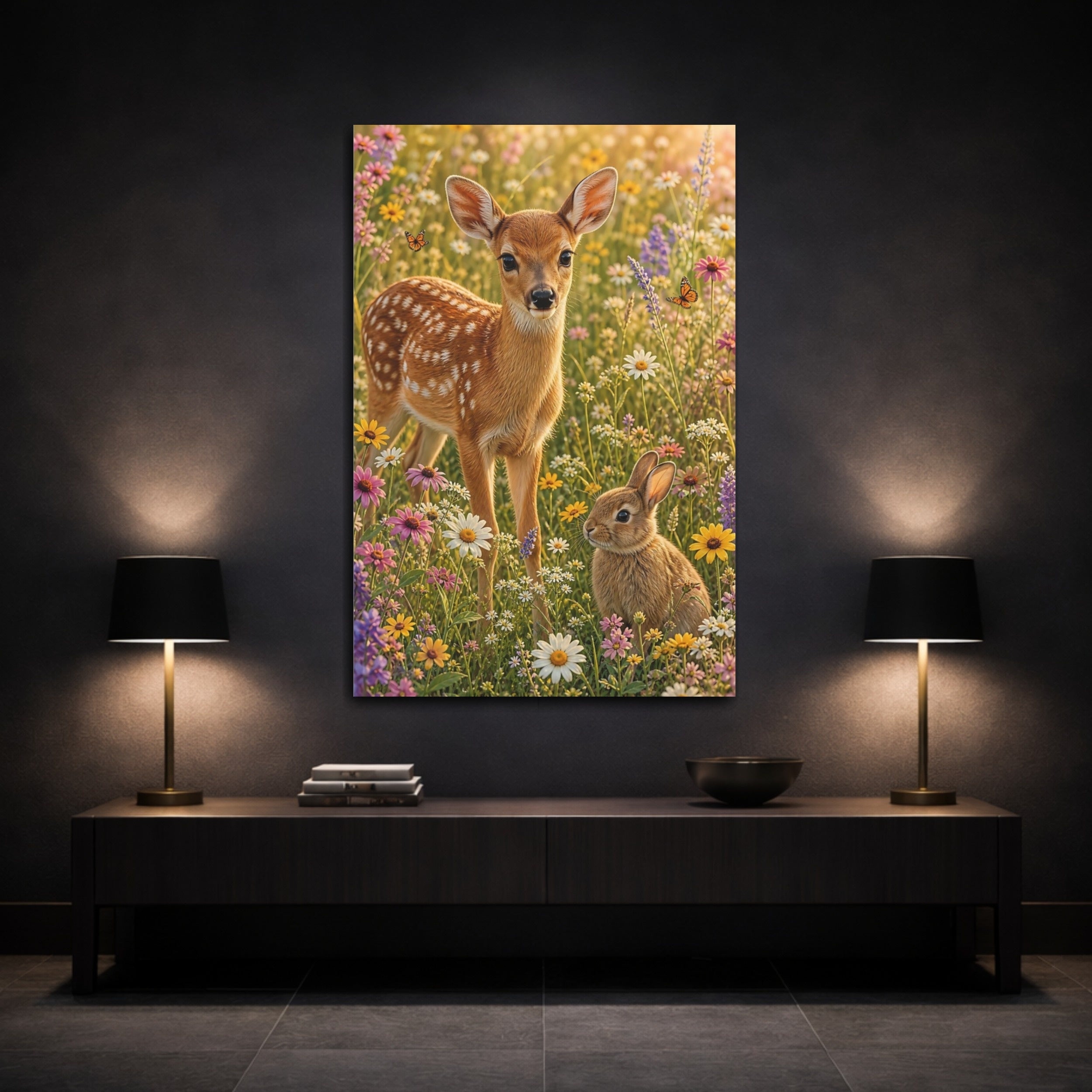 Mockup 3. Animals Fawn, Bunny Fawn Bunny Flowers shown as stretched canvas wall art