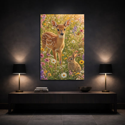 Mockup 3. Animals Fawn, Bunny Fawn Bunny Flowers shown as stretched canvas wall art