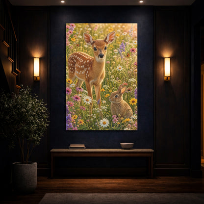 Mockup 4. Animals Fawn, Bunny Fawn Bunny Flowers shown as stretched canvas wall art
