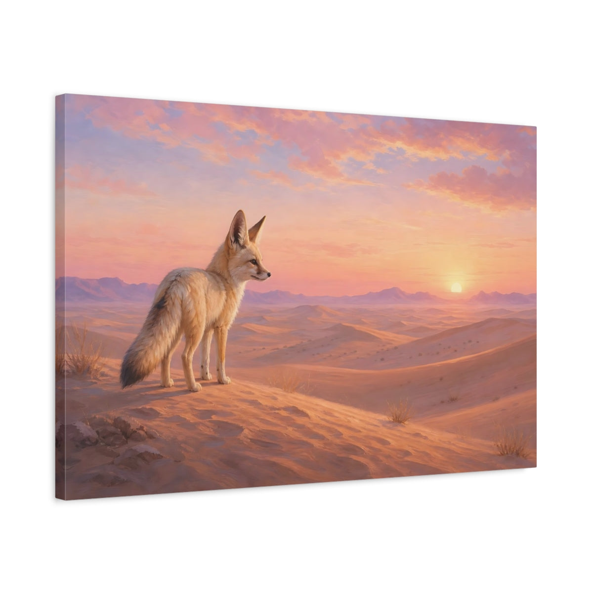 Side Mockup 2. Animals Fennec Fox Orange Pink Desert shown as stretched canvas wall art
