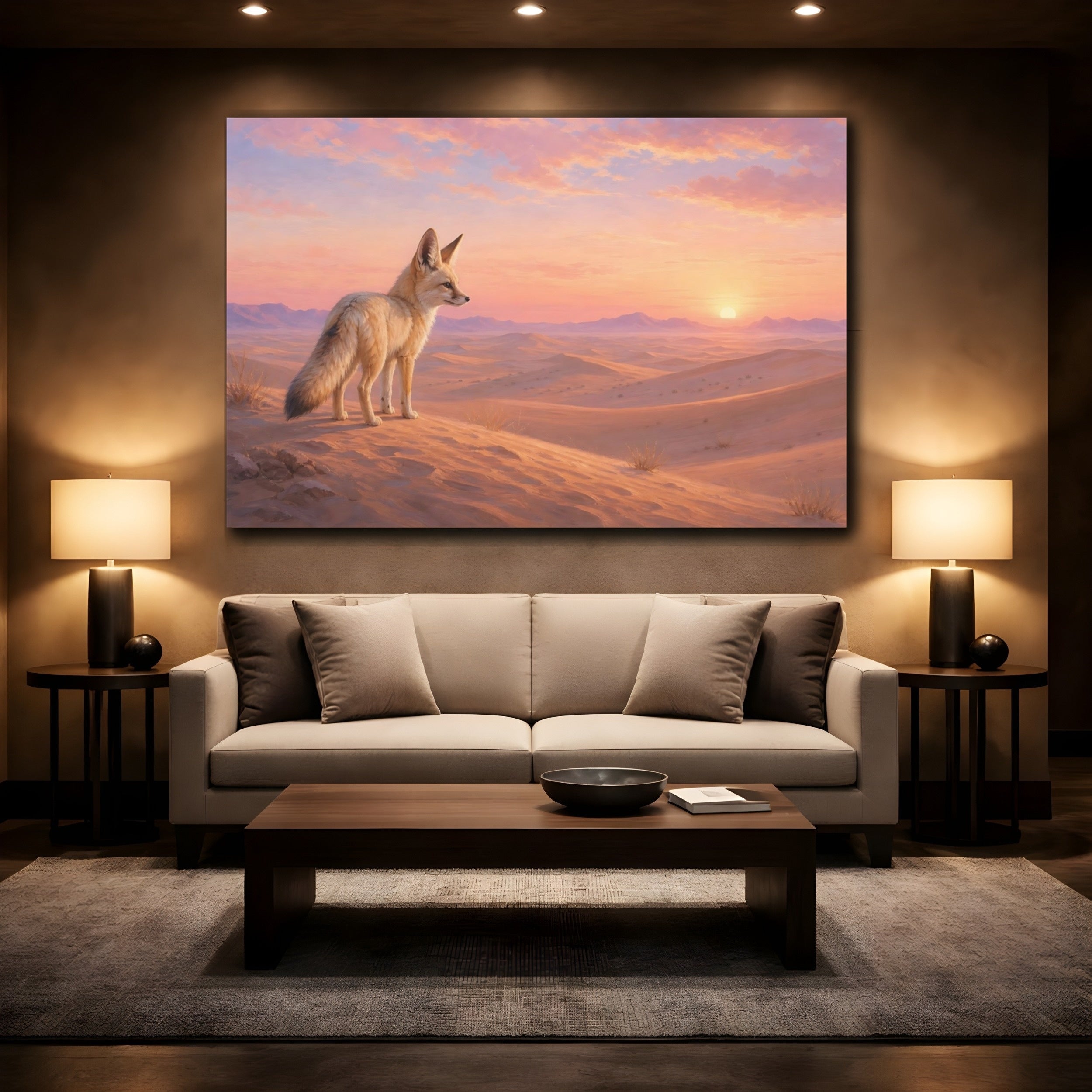 Mockup 2. Animals Fennec Fox Orange Pink Desert shown as stretched canvas wall art