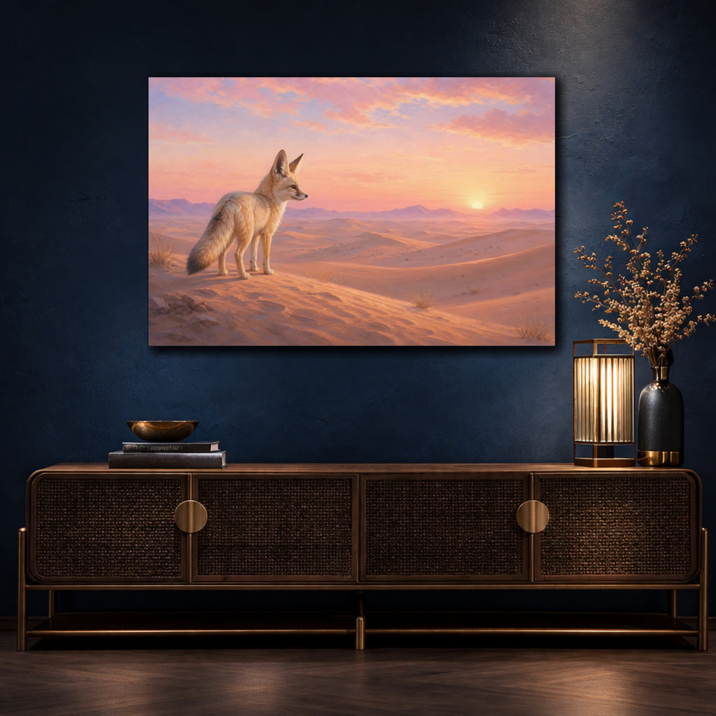Mockup 4. Animals Fennec Fox Orange Pink Desert shown as stretched canvas wall art