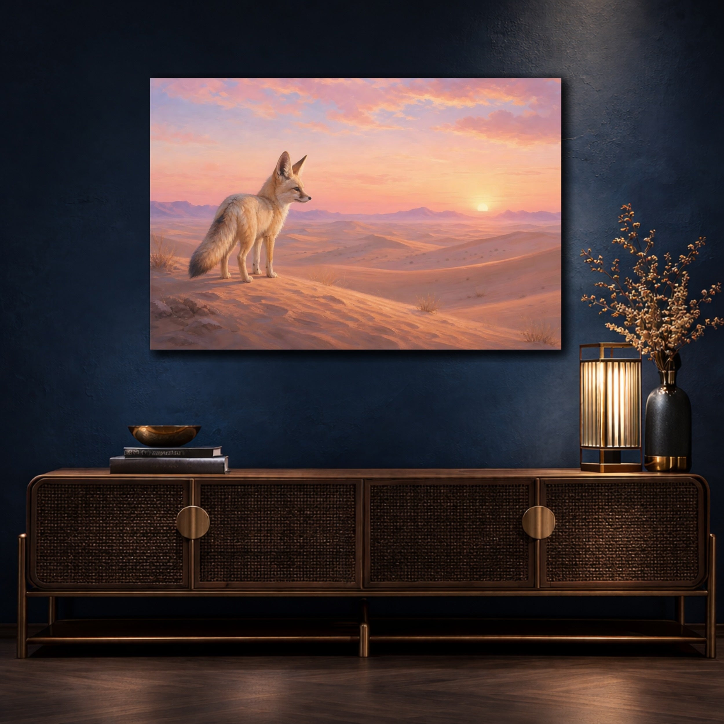 Mockup 4. Animals Fennec Fox Orange Pink Desert shown as stretched canvas wall art