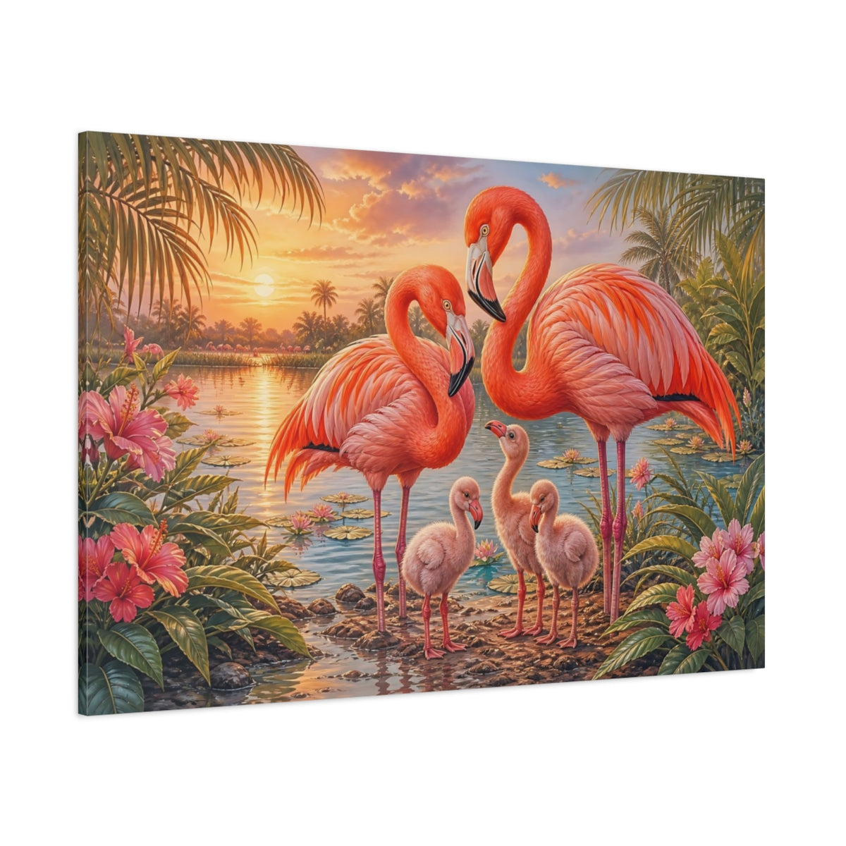 Side Mockup 1. Animals Flamingo Family Pink Flamingos shown as stretched canvas wall art