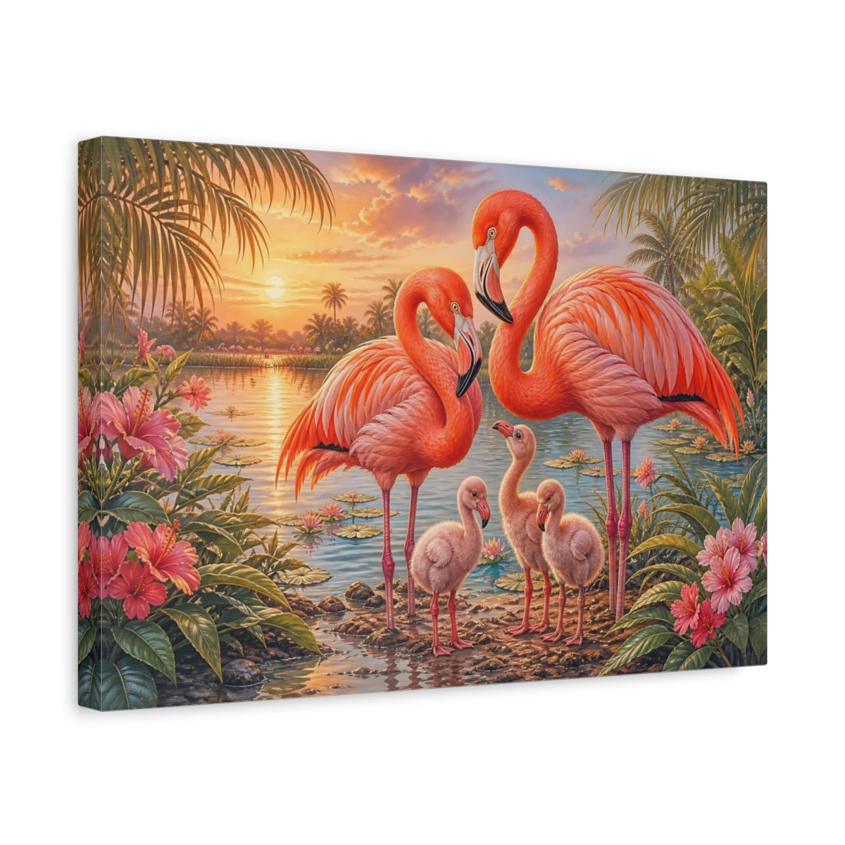 Side Mockup 4. Animals Flamingo Family Pink Flamingos shown as stretched canvas wall art