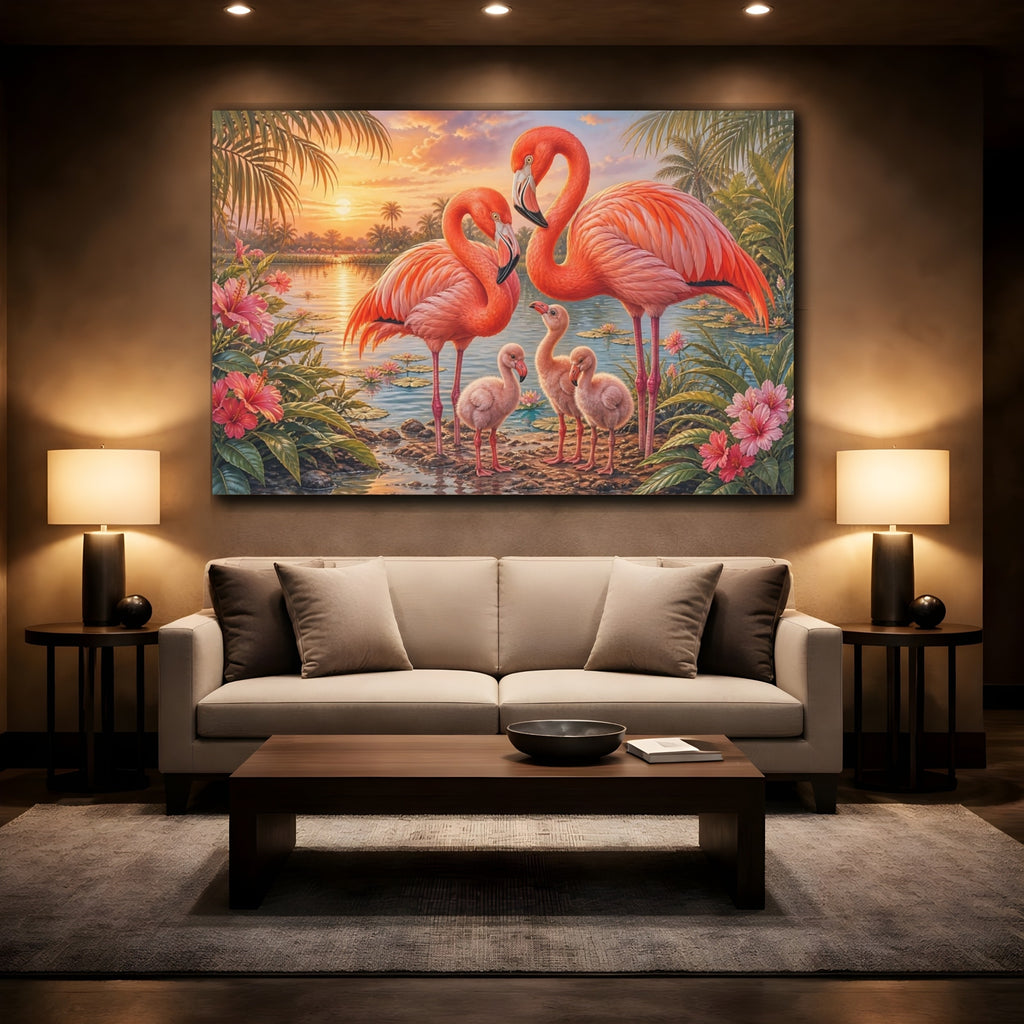 Mockup 2. Animals Flamingo Family Pink Flamingos shown as stretched canvas wall art